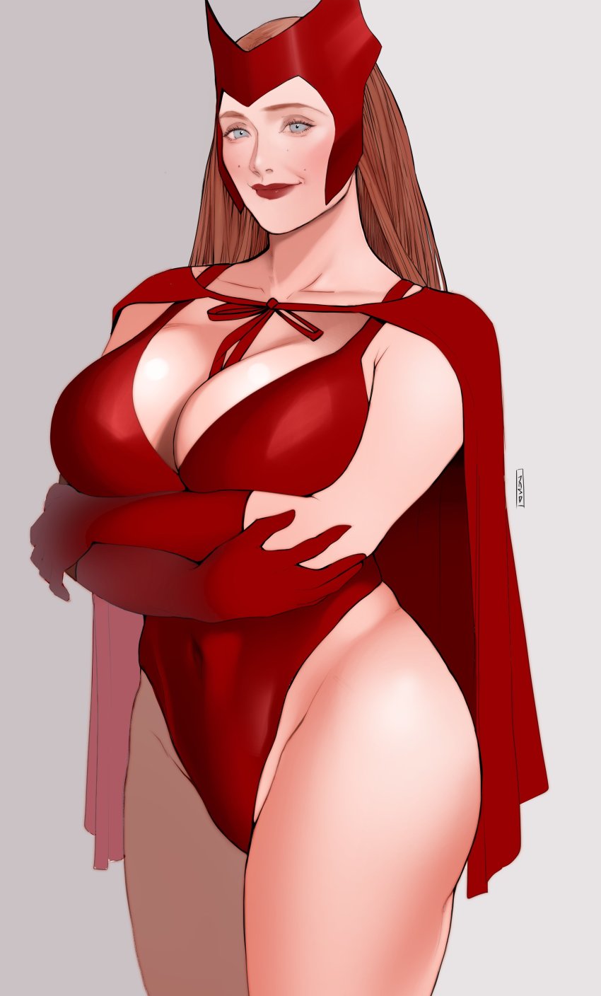 1girl, absurdres, animification, arms_under_breasts, blue_eyes, breasts, brown_hair, cleavage, closed_mouth, cowboy_shot, gloves, grey_background, highres, jnsdh, large_breasts, leotard, light_smile, lips, long_hair, looking_at_viewer, marvel, mature_female, mole, mole_under_eye, red_gloves, red_leotard, red_lips, scarlet_witch, solo, standing, thighs, wandavision