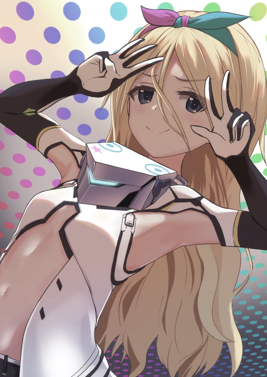 1girl, alice_gear_aegis, armpits, blonde_hair, blue_eyes, commentary_request, double_v, flat_chest