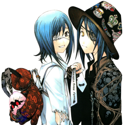 00s, 2boys, air_gear, akito, backpack, bag, blue_hair, rabbit, cake, crown, cup, dual_persona, eyepatch, food, frown, hat, jacket, lowres, multiple_boys, necktie, oogure_ito, smile, teacup, wanijima_agito, wanijima_akito, yellow_eyes