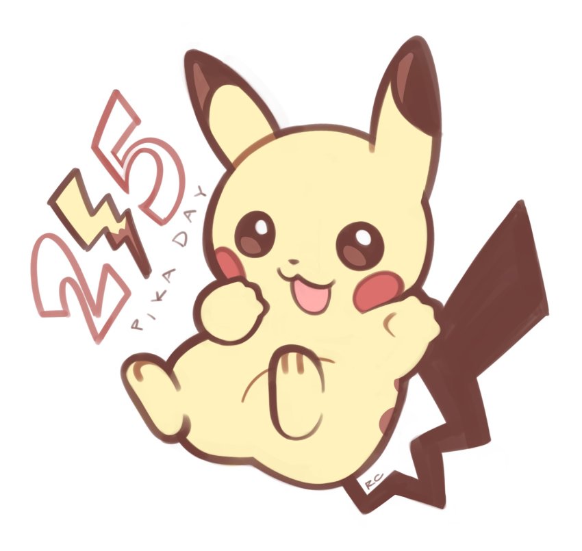 :3, :d, artsy-rc, commentary, english_commentary, full_body, gen_1_pokemon, hand_up, highres, looking_at_viewer, nintendo, no_humans, open_mouth, pikachu, pikachu_day, pokemon, pokemon_(creature), pokemon_focus, signature, simple_background, smile, solo, white_background