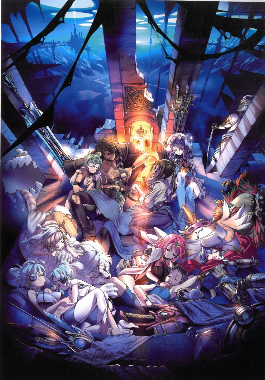 6+girls, absurdres, aegaeon_(xenoblade), arm_around_shoulder, beret, boreas_(xenoblade), breasts, brighid_(xenoblade), choco_(chocolate_shop), cleavage, cup, dromarch_(xenoblade), drooling, eyepatch, fireplace, glasses, hat, highres, jacket, looking_at_another, morag_ladair_(xenoblade), multiple_boys, multiple_girls, nia_(xenoblade), night, nightcap, nopon, official_art, open_mouth, pandoria_(xenoblade), poppi_(xenoblade), praxis_(xenoblade), pyra_(xenoblade), rex_(xenoblade), robot, roc_(xenoblade), scan, scan_artifacts, sleep_mask, sleeping, smile, sword, theory_(xenoblade), third-party_source, tora_(xenoblade_2), weapon, xenoblade_chronicles_(series), xenoblade_chronicles_2, zeke_von_genbu_(xenoblade)