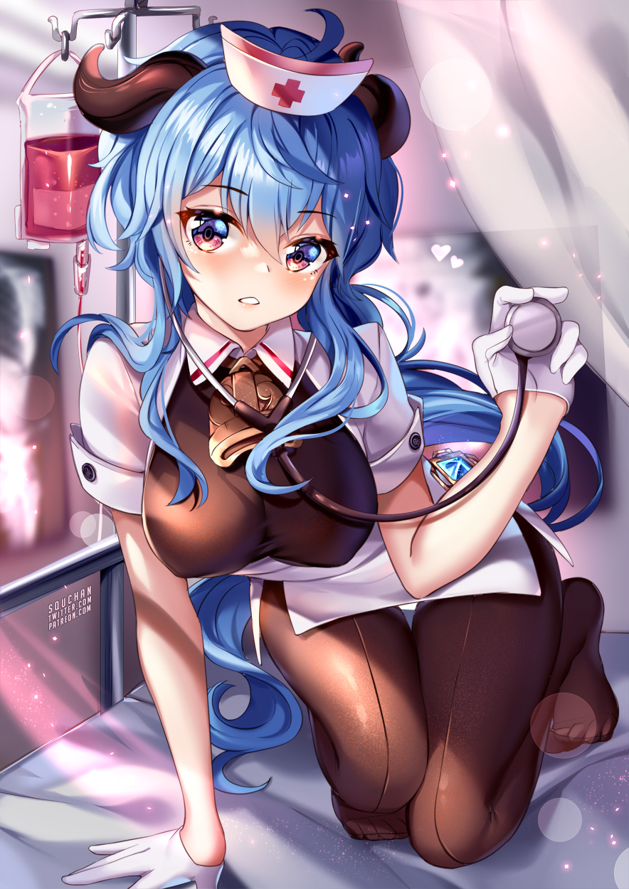 1girl, ahoge, arm_support, artist_name, blood, blood_bag, blue_hair, blurry