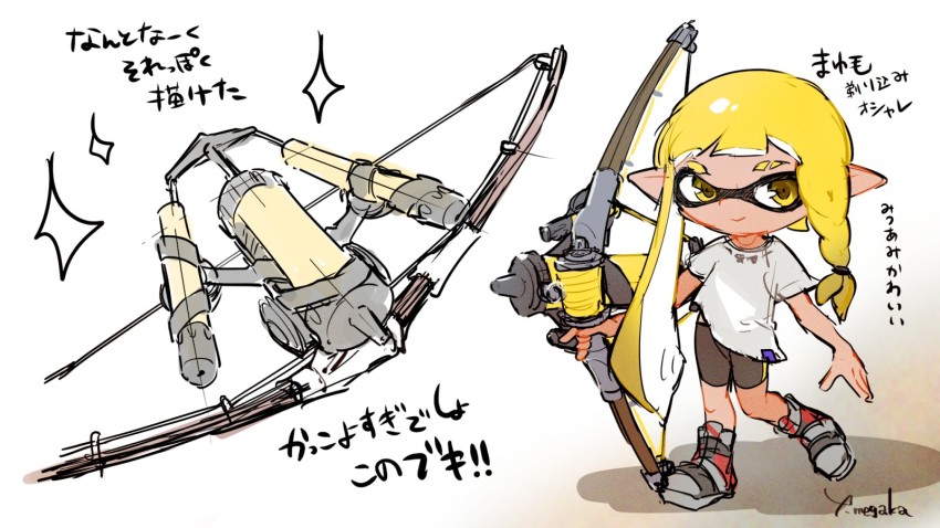 1girl, artist_name, asymmetrical_hair, bike_shorts, blonde_hair, blunt_bangs, bow_(weapon), braid, closed_mouth, eyebrow_cut, female_focus, flat_chest, full_body, happy, highres, holding, holding_bow_(weapon), holding_weapon, inkling, inkling_girl, inkling_player_character, japanese_text, leg_up, matching_hair/eyes, megaka_yui, multicolored_footwear, nintendo, pointy_ears, shirt, shoes, short_sleeves, signature, simple_background, single_braid, sketch, smile, sparkle, splatoon_(series), splatoon_3, standing, standing_on_one_leg, suction_cups, tentacle_hair, tentacles, translation_request, twintails, weapon, white_background, white_shirt, yellow_eyes