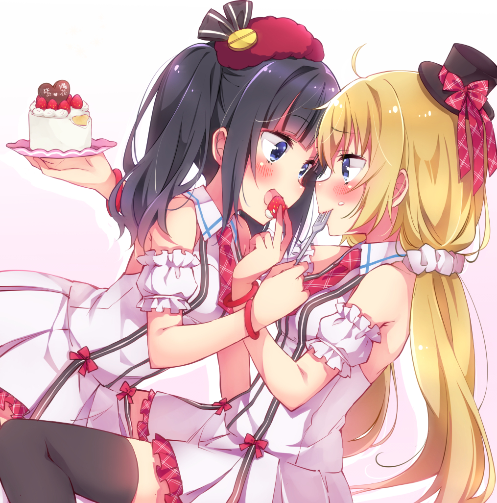 2girls, ahoge, all_fours, aunt_and_niece, bare_shoulders, beret, birthday, black_hair