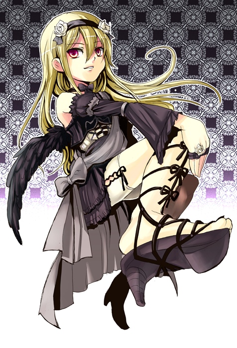 1boy, afuro_terumi, bad_id, bad_pixiv_id, black_wings, blonde_hair, bow, bowtie, child, cosplay, crossdressing, crossdressing_(mtf), eu_(pixiv1909), feet, gothic_lolita, hair_ornament, high_heel_sandals, high_heels, inazuma_eleven, inazuma_eleven_(series), jewelry, lolita_fashion, long_hair, male_focus, open_shoes, pink_eyes, ring, rozen_maiden, sandals, shoes, solo, suigintou, suigintou_(cosplay), toes, trap, wings