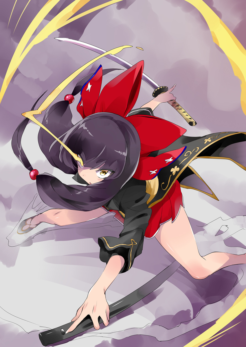 1girl, black_hair, chiganemaru_(tenka_hyakken), glowing, glowing_eye, highres, holding, holding_sword, holding_weapon, katana, long_hair, red_skirt, skirt, smoke, solo, sword, tenka_hyakken, usatsuka_eiji, weapon, yellow_eyes