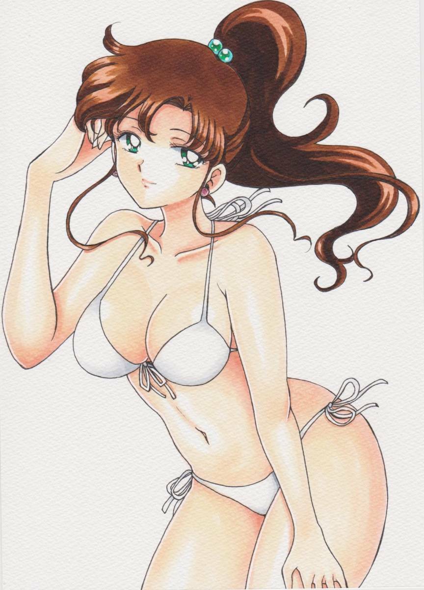 1girl, ass, bikini, bishoujo_senshi_sailor_moon, breasts, cleavage, female_focus, highres, kino_makoto, large_breasts, navel, nekito, sailor_jupiter, side-tie_bikini_bottom, sideboob, solo, swimsuit, tagme, white_bikini