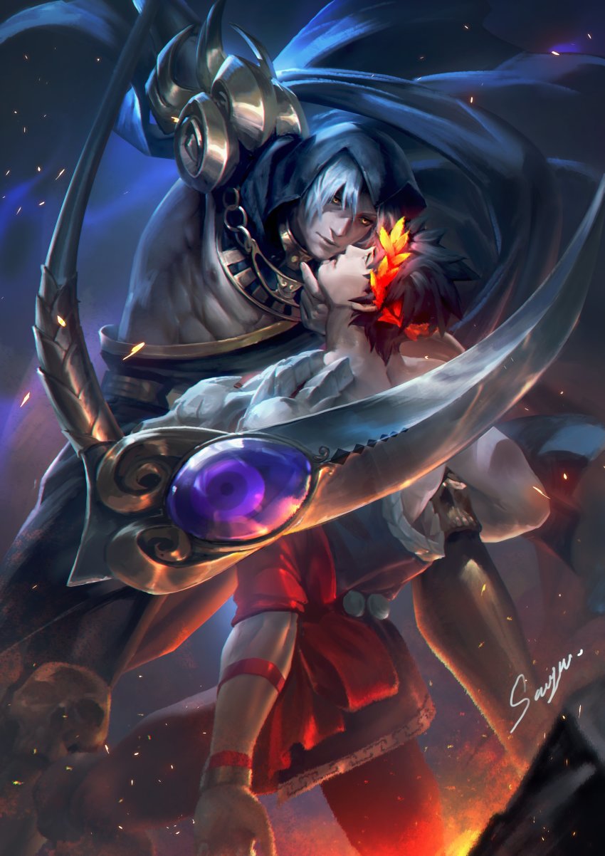 2boys, absurdres, ancient_greek_clothes, artist_name, black_hair, eye_contact, greco-roman_clothes, green_eyes