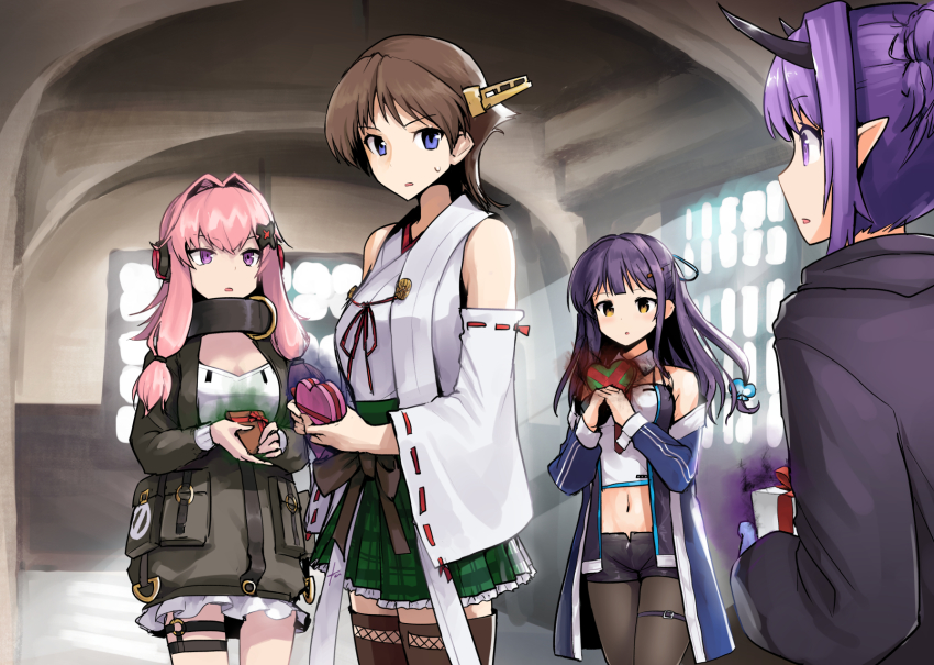 4girls, :o, arknights, azur_lane, bad_food, black_legwear, black_shorts, box