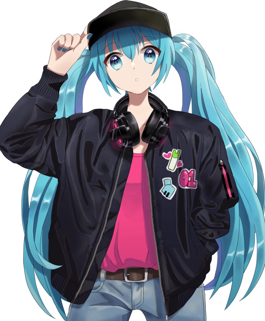 1girl, baseball_cap, belt, belt_buckle, black_cardigan, black_hat, blue_eyes, blue_hair