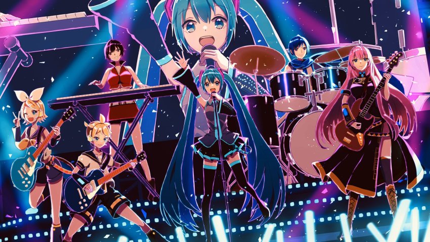 2boys, 4girls, ;d, absurdly_long_hair, ahoge, black_dress, black_footwear, black_legwear