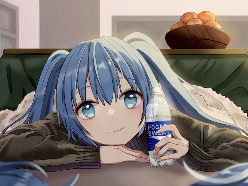 1girl, black_sweater, blue_eyes, blue_hair, bottle, closed_mouth, hair_between_eyes, hatsune_miku, highres, holding, holding_bottle, kotatsu, long_hair, long_sleeves, looking_at_viewer, lying, macha_3939, on_stomach, sleeves_past_wrists, smile, solo, sweater, table, under_kotatsu, under_table, very_long_hair, vocaloid