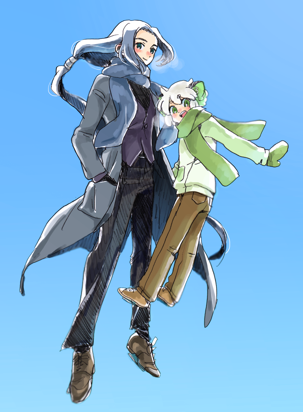 19nichi_(litedatobalita), 2boys, alternate_costume, animal_ears, black_pants, blue_background, blue_eyes, blue_hair