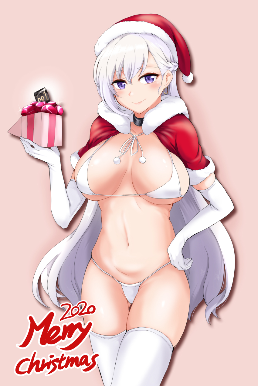 1girl, 2020, absurdres, azur_lane, belfast_(azur_lane), bikini, box, braid