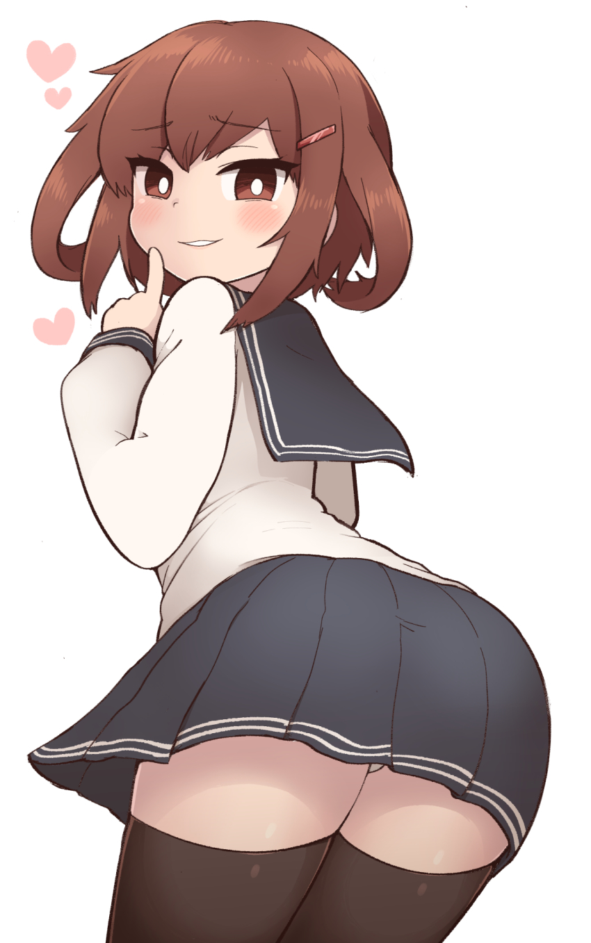 1girl, black_thighhighs, blue_sailor_collar, blue_skirt, blush, brown_eyes, brown_hair, from_below