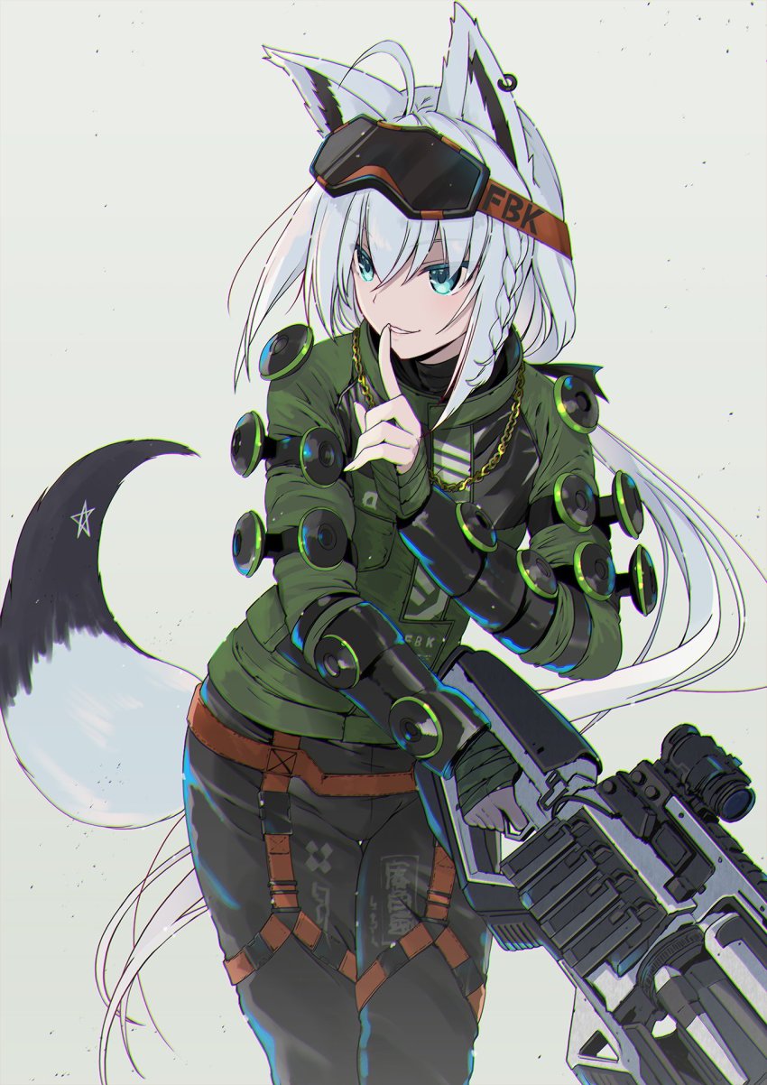1girl, ahoge, angel_city_hustler_mirage, animal_ears, apex_legends, assault_rifle, blue_eyes, braid, chain, denken, finger_to_mouth, fox_ears, fox_tail, goggles, goggles_on_head, gun, highres, holding, holding_gun, holding_weapon, hololive, long_hair, mirage_(apex_legends), pants, ponytail, rifle, shirakami_fubuki, simple_background, smile, solo, standing, star_(symbol), tail, virtual_youtuber, weapon, white_hair