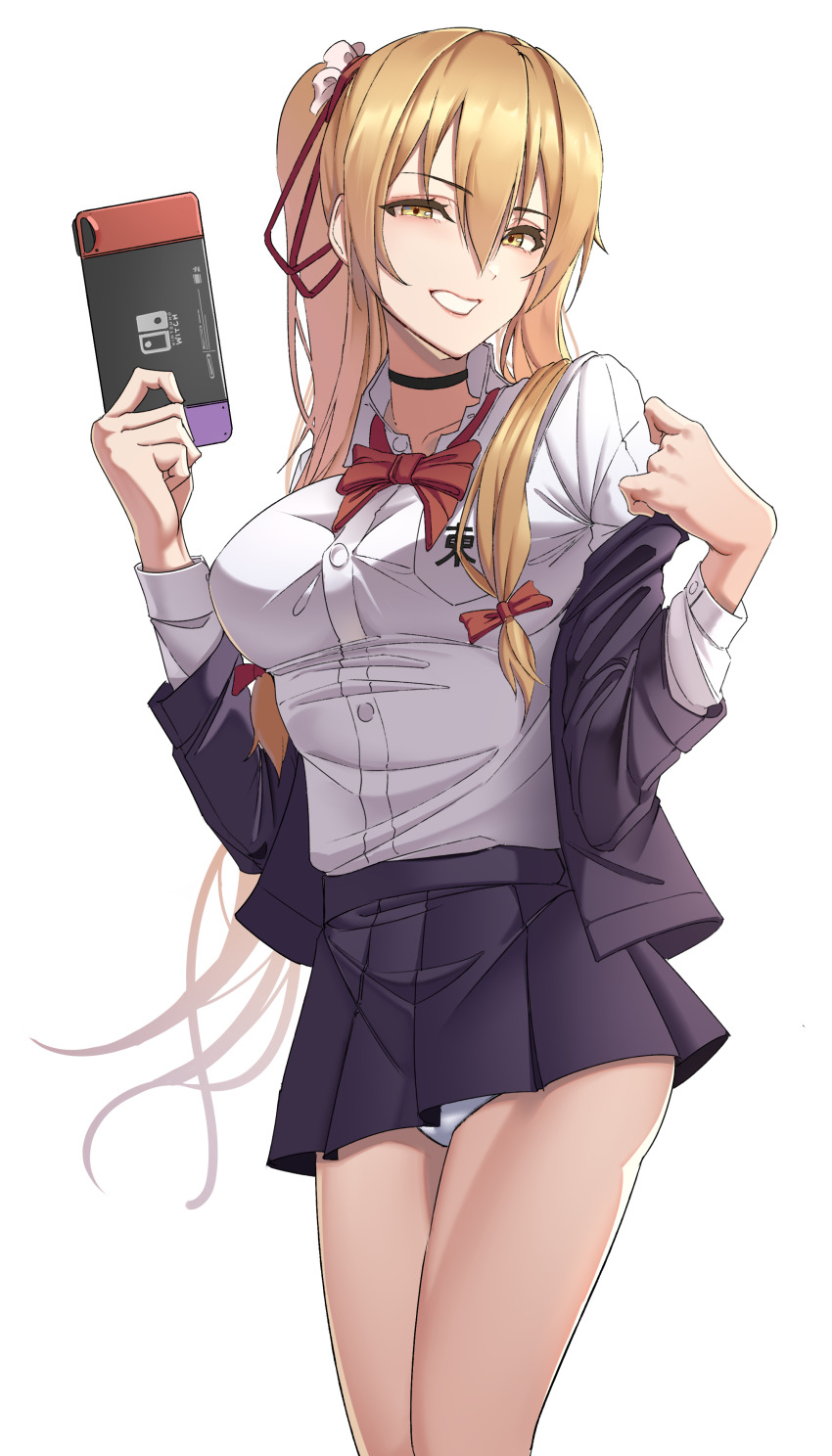 1girl, absurdres, alternate_costume, alternate_hairstyle, ass, blazer, unworn_blazer, blonde_hair