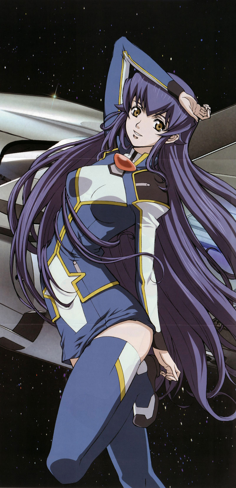 00s, 1girl, blue_hair, boots, female_focus, floating_hair, highres, kouzuki_shinon, long_hair, science_fiction, sky, solo, space, star_(sky), starry_sky, starship_operators, thigh_boots, thighhighs, yellow_eyes, zettai_ryouiki