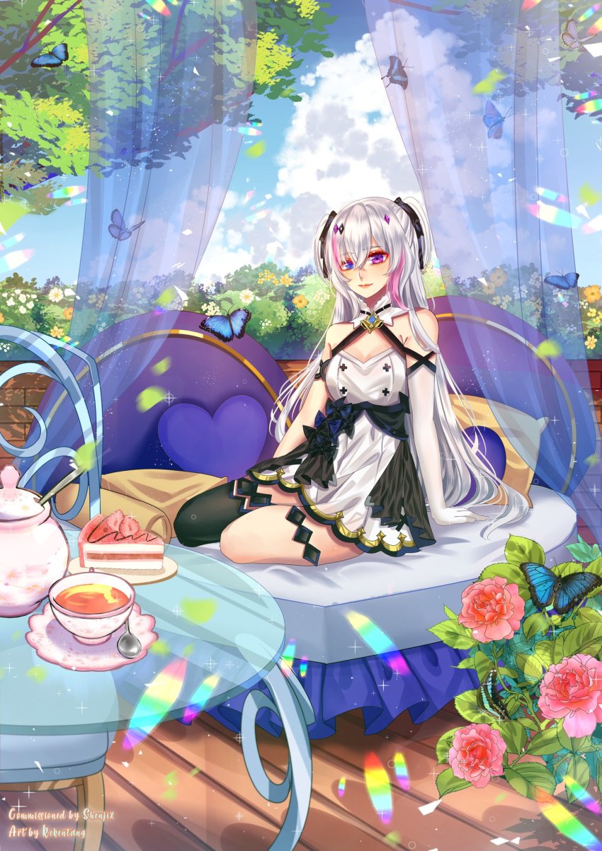 1girl, bed, blue_butterfly, blue_eyes, breasts, bug, butterfly, cleavage