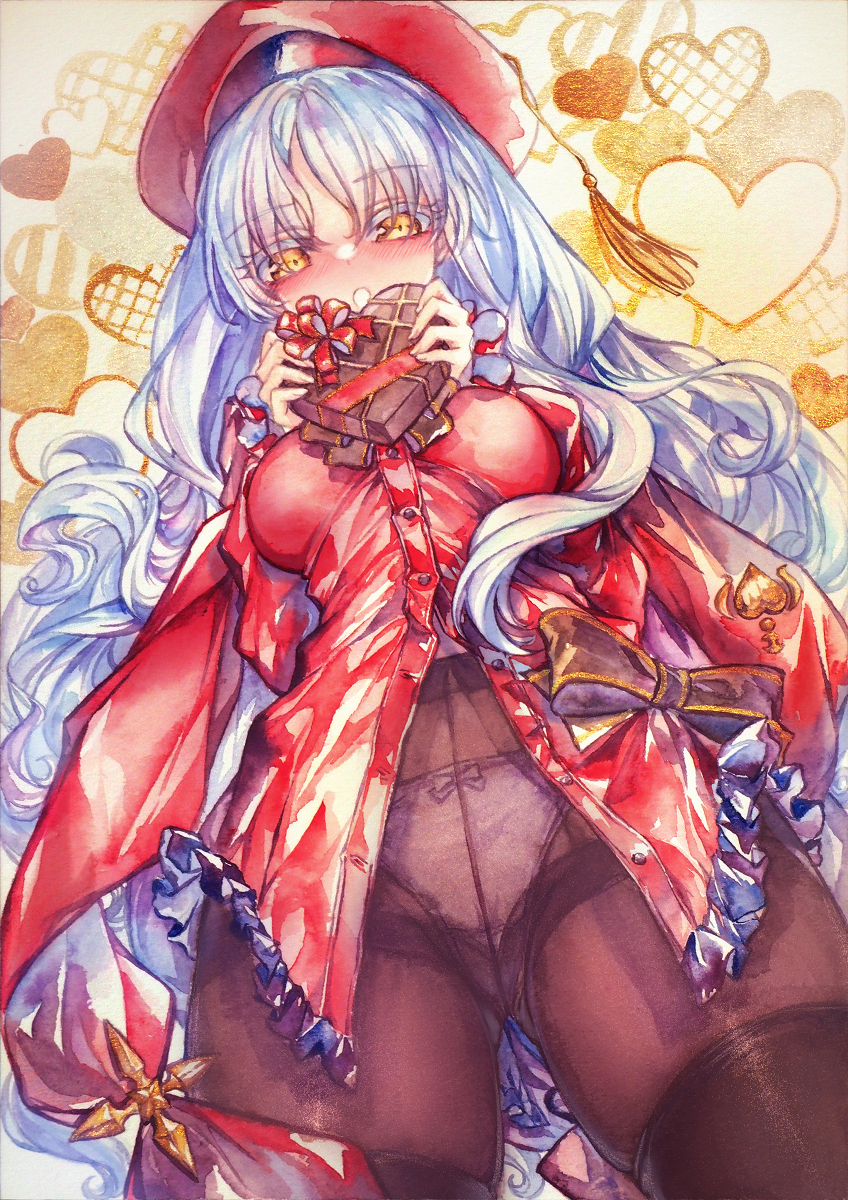 1girl, beret, box, breasts, brooch, brown_pantyhose, caren_hortensia, caren_hortensia_(amor_caren)_(second_ascension)