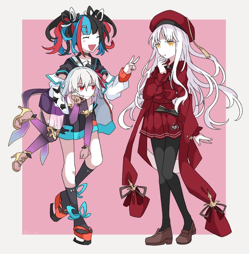 3girls, bare_shoulders, black_legwear, blunt_bangs, border, bow, caren_hortensia, caren_hortensia_(amor_caren)_(second_ascension)