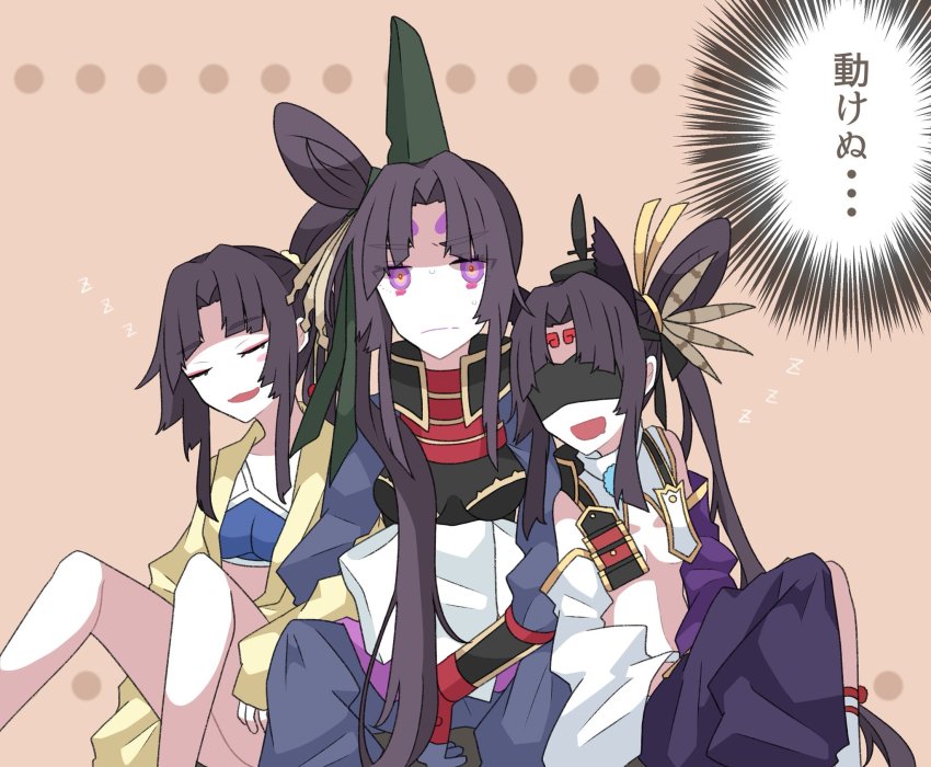 3girls, arm_guards, bare_shoulders, bikini, black_hair, blindfold, blue_eyes, blunt_bangs