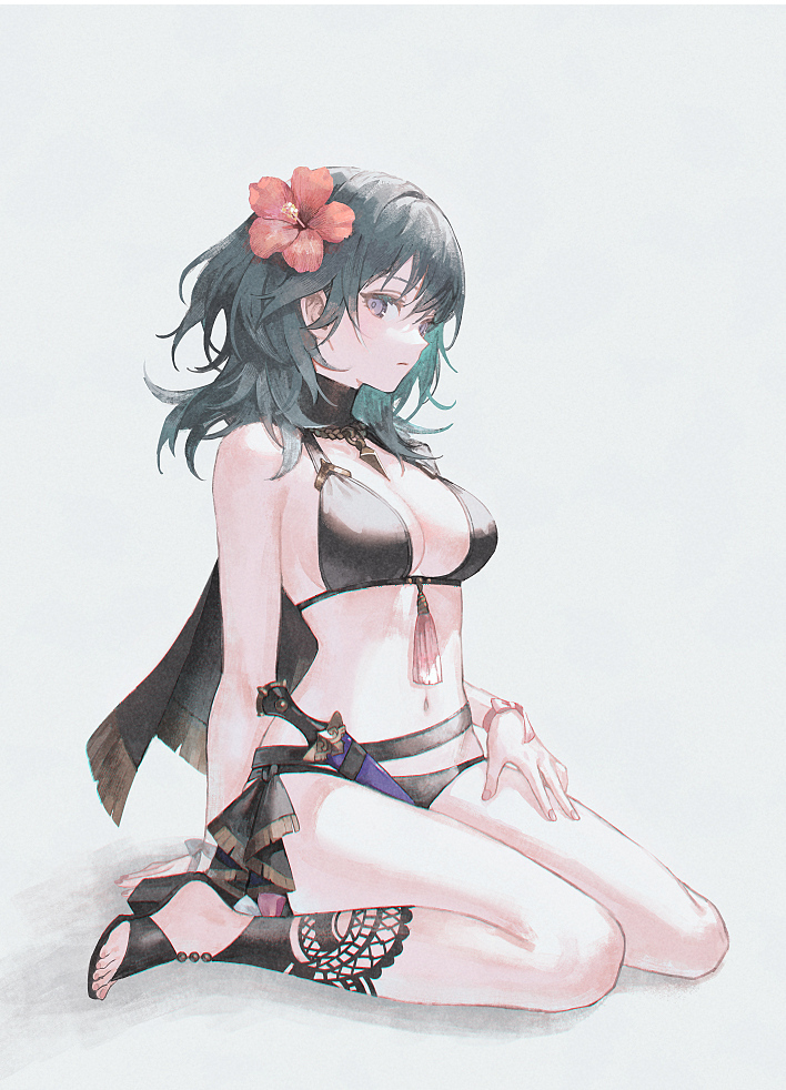 1girl, 21_(nijuichinichi), aqua_hair, bikini, black_bikini, boots, breasts, choker, dagger, female_byleth_(fire_emblem), female_byleth_(summer)_(fire_emblem), fire_emblem, fire_emblem:_three_houses, fire_emblem_heroes, flower, hair_flower, hair_ornament, hand_on_own_thigh, high_heel_boots, high_heel_sandals, high_heels, knife, large_breasts, nintendo, official_alternate_costume, sandals, simple_background, solo, swimsuit, weapon, white_background