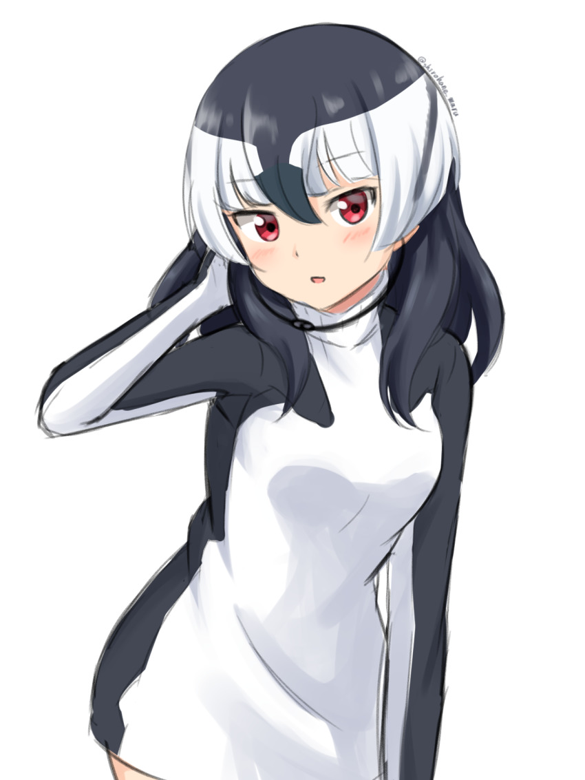 1girl, black_hair, chinstrap_penguin_(kemono_friends), hair_between_eyes, hand_in_own_hair, highres, kemono_friends, long_hair