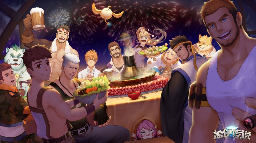 2girls, 6+boys, :d, abs, animal_ears, artist_request, asymmetrical_sleeves, bara