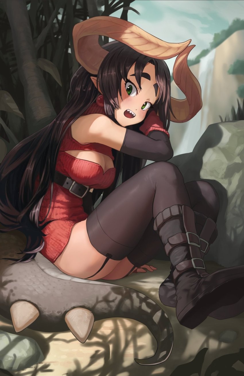 1girl, arm_warmers, bad_id, bad_twitter_id, black_footwear, black_garter_straps, black_sleeves, black_tail