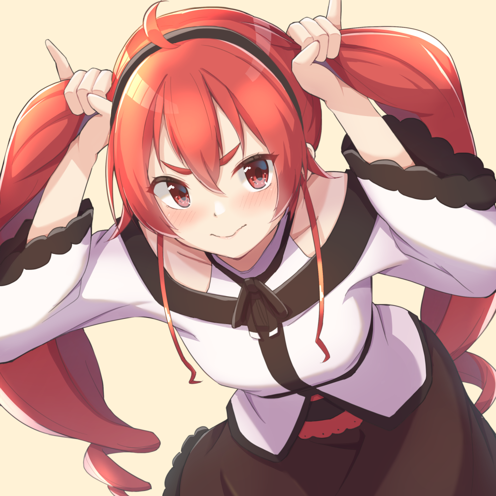 1girl, ahoge, arms_up, bare_shoulders, black_hairband, blush, brown_background, brown_skirt