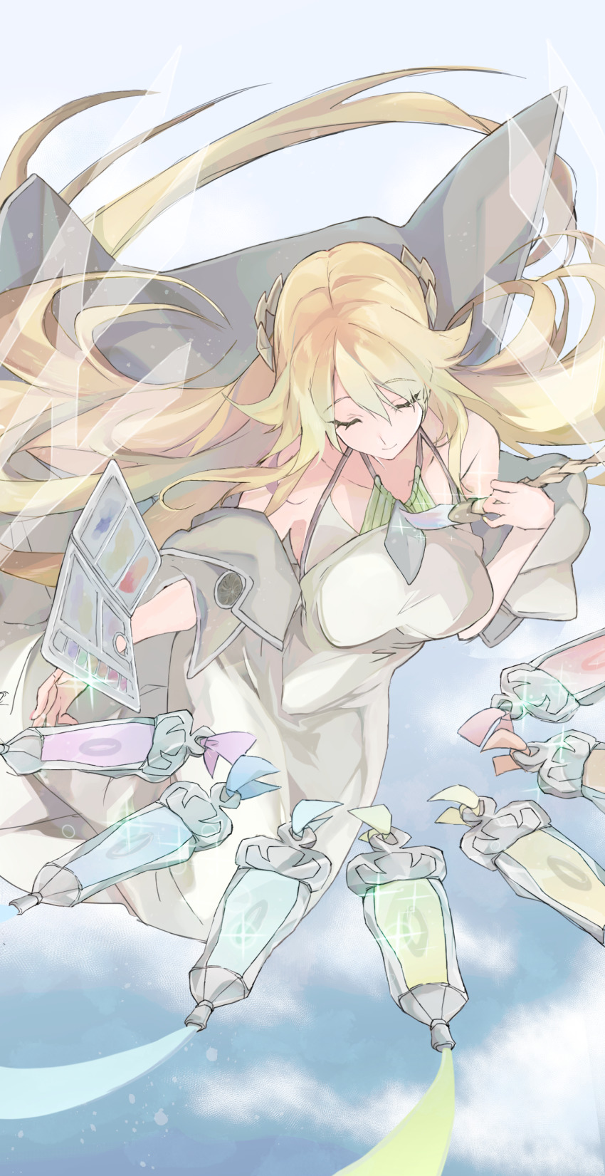 1girl, absurdres, bare_shoulders, blonde_hair, breasts, closed_eyes, collarbone, dress, duel_monster, feet_out_of_frame, floating, floating_hair, highres, holding, holding_paintbrush, long_hair, nail_polish, paint_tube, paintbrush, smile, solo, sparkle, the_weather_painter_rainbow, tsumayouji_(dekosoko), yu-gi-oh!