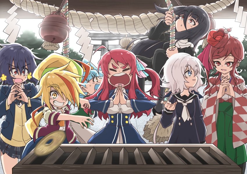 6+girls, bandages, black_dress, black_hair, black_shirt, black_skirt, blazer, blonde_hair