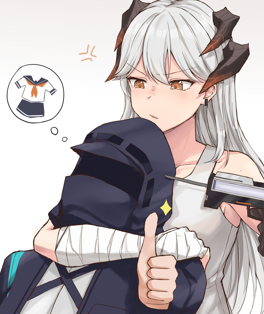 1girl, 1other, absurdres, anger_vein, arknights, bandaged_arm, bandages, bare_shoulders