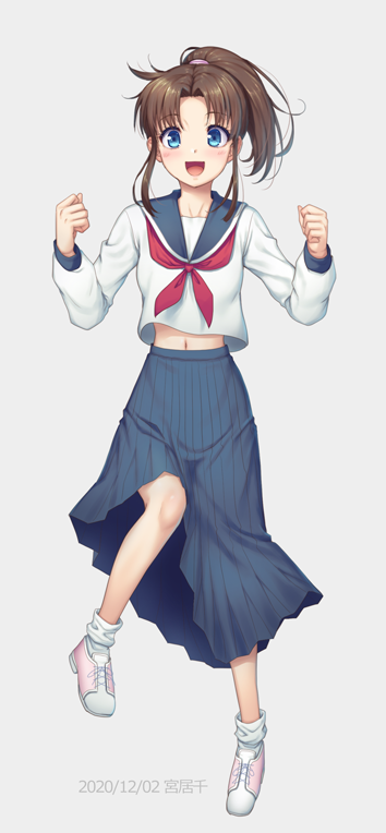 1girl, blue_sailor_collar, blue_skirt, brown_hair, full_body, grey_background, long_hair, long_skirt, looking_at_viewer, mine_sayaka, miyai_sen, neckerchief, ponytail, red_eyes, red_neckerchief, sailor_collar, school_uniform, serafuku, shoes, simple_background, skirt, sneakers, solo, standing, twitter_username, white_shoes, yaiba