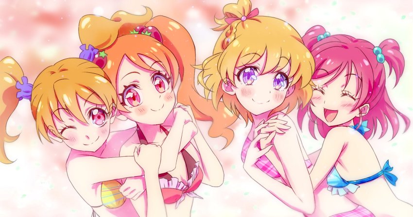 4girls, :d, ;), arms_around_neck, asahina_mirai, bikini, bikini_top_only, blonde_hair