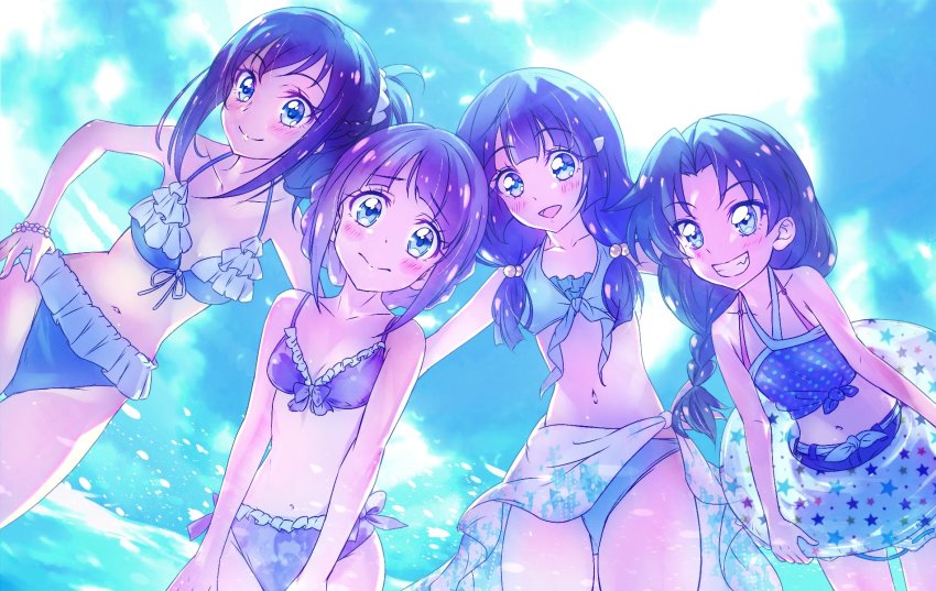 4girls, :d, alternate_hairstyle, aoki_reika, bikini, blue_bikini, blue_eyes, blue_hair