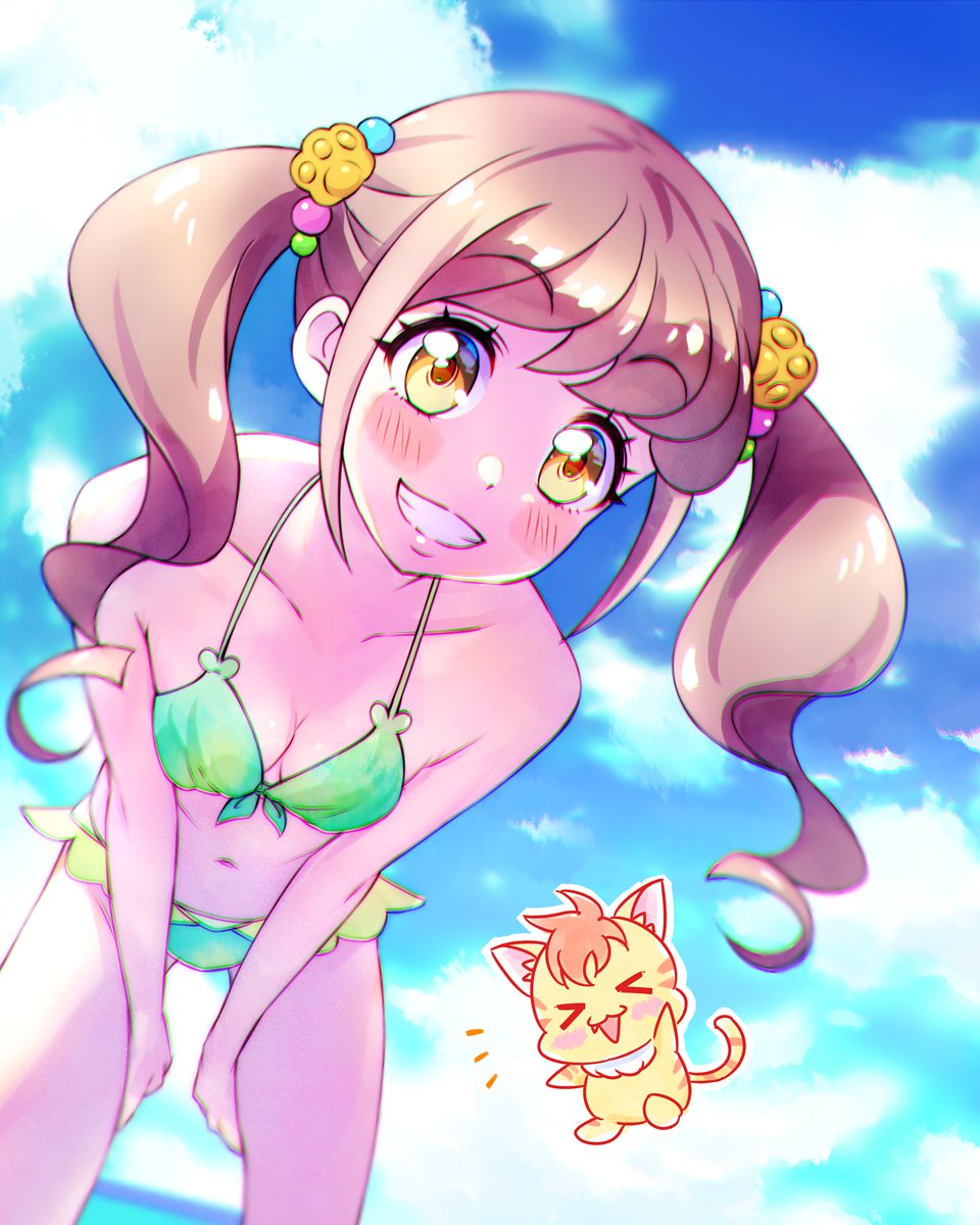 1girl, bent_over, between_legs, bikini, blurry, blurry_background, blush, breasts