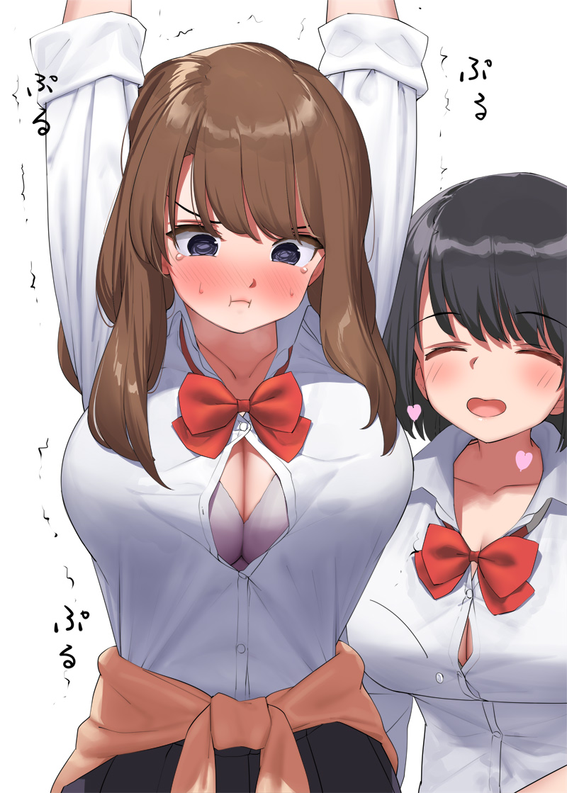 2girls, ^_^, arms_up, black_hair, blue_eyes, blush, bow, bowtie