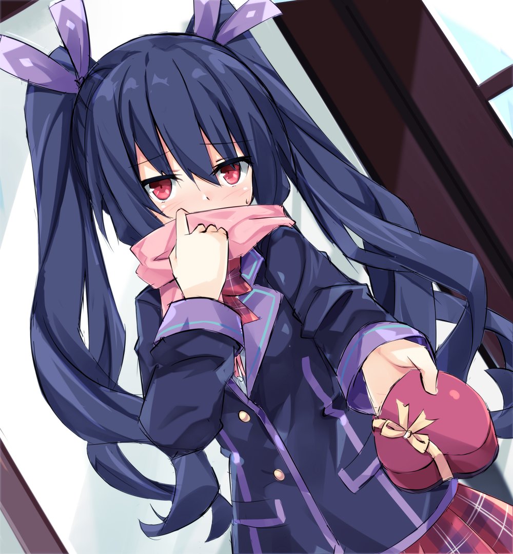 black_hair, breasts, chocolate, collar, embarrassed, heart, jacket, long_hair, looking_at_viewer, medium_breasts, neptune_(series), noire_(neptunia), red_eyes, ribbon, scarf, school_uniform, shirt, shy, skirt, starmine255, tsundere, twintails