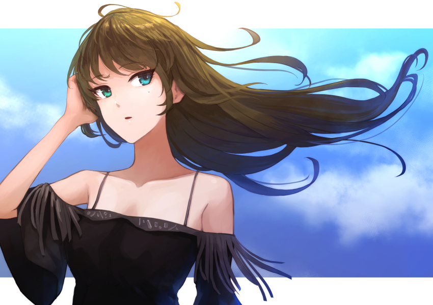 1girl, alternate_hair_length, alternate_hairstyle, arm_up, bare_shoulders, black_dress, blue_eyes, blue_sky