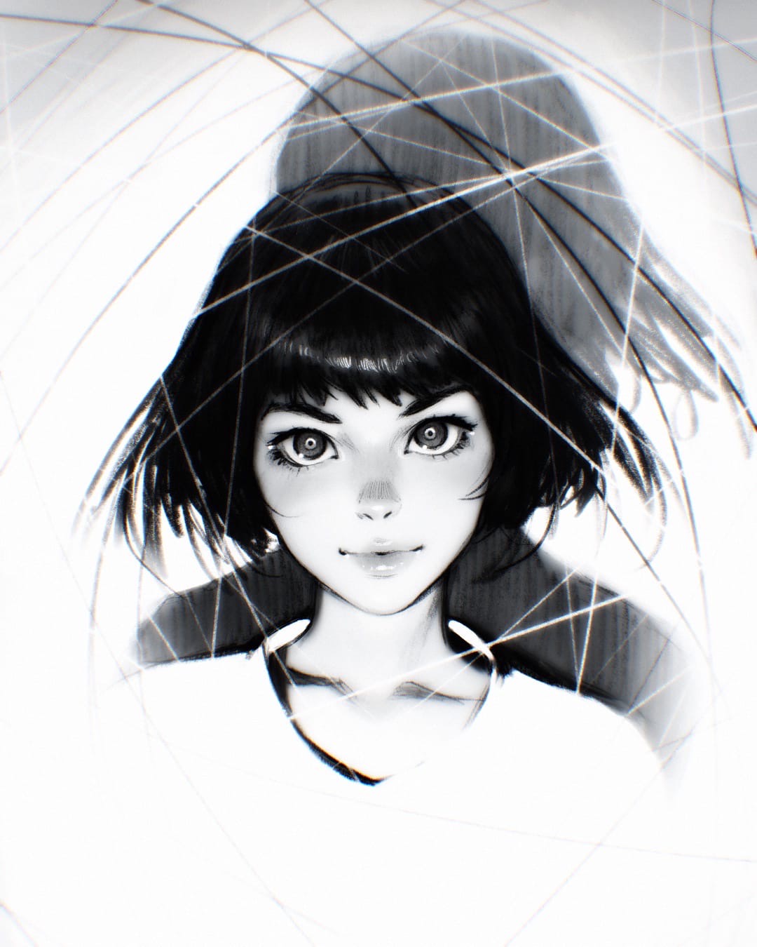1girl, closed_mouth, collarbone, greyscale, highres, ilya_kuvshinov, lips, monochrome