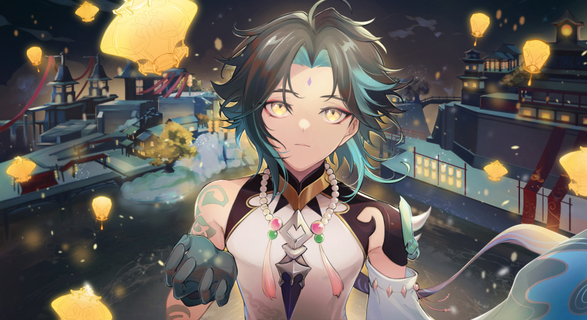 1boy, ahoge, architecture, arm_tattoo, armor, asymmetrical_clothes, bead_necklace, beads, closed_mouth, commentary_request, detached_sleeves, diamond-shaped_pupils, diamond_(shape), east_asian_architecture, eyeshadow, facial_mark, forehead_mark, genshin_impact, gloves, green_hair, highres, jewelry, lantern, liyue_so_good, looking_at_viewer, looking_up, makeup, male_focus, multicolored_hair, necklace, night, outdoors, outstretched_hand, red_eyeshadow, short_hair, shoulder_armor, single_bare_shoulder, single_detached_sleeve, solo, spikes, symbol-shaped_pupils, tassel, tattoo, two-tone_hair, xiao_(genshin_impact), yellow_eyes