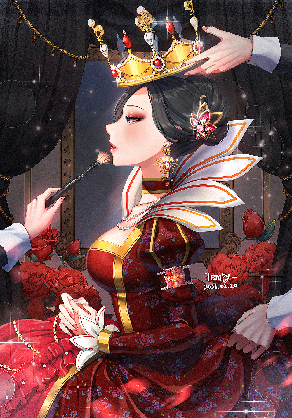 1girl, artist_name, black_hair, breasts, brown_eyes, commentary, crown, curtains