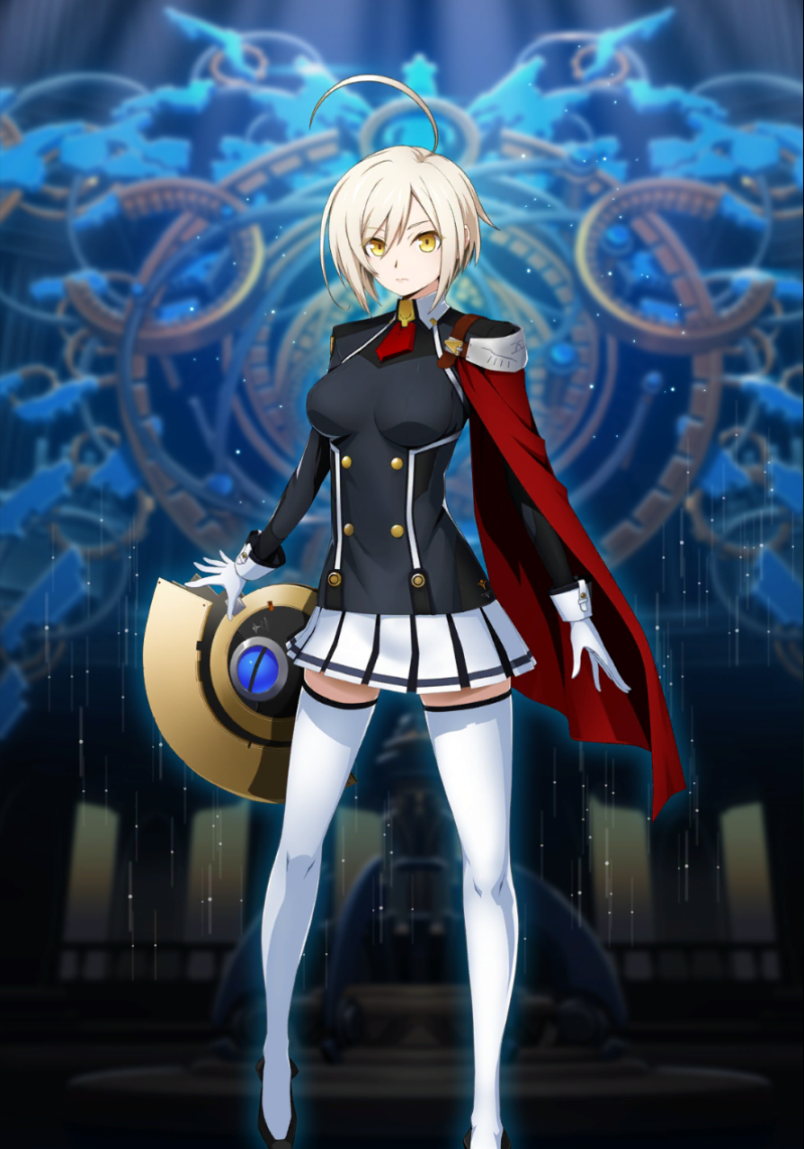 1girl, ahoge, armor, blazblue, blazblue_alternative:_dark_war, blonde_hair, breasts, capelet