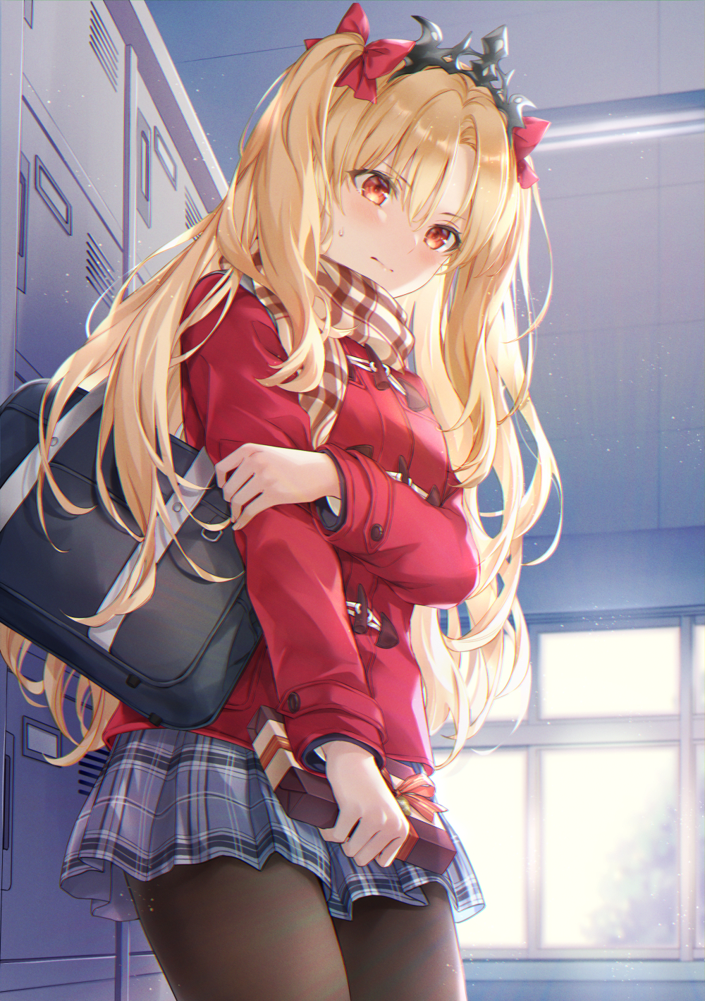 1girl, bag, blonde_hair, blue_skirt, blush, bow, box, breasts