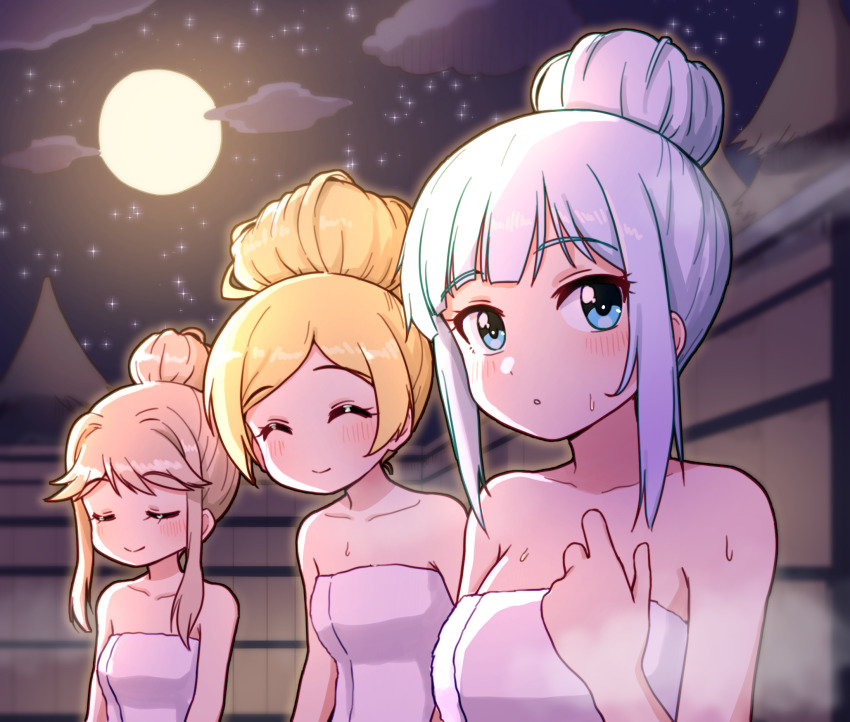 3girls, alternate_hairstyle, blonde_hair, blue_eyes, blush, breasts, brown_hair, closed_eyes, cloud, emily_stewart, full_moon, hanasakuya_(idolmaster), highres, idolmaster, idolmaster_million_live!, idolmaster_million_live!_theater_days, long_hair, medium_breasts, moon, moonlight, multiple_girls, naked_towel, night, onsen, shiraishi_tsumugi, sky, smile, star_(sky), starry_sky, sweatdrop, takiki, tenkuubashi_tomoka, towel, white_hair