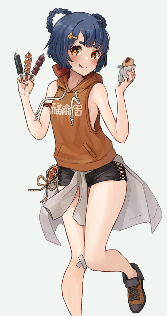 1girl, armpits, bandaid, bandaid_on_knee, bandaid_on_leg, bare_shoulders, between_fingers, black_shorts, blue_hair, blush, braid, braided_hair_rings, breasts, casual, chinese_text, clothes_around_waist, contemporary, eyebrows, food, genshin_impact, hair_rings, holding, holding_food, hood, hoodie, kopaka_(karda_nui), looking_at_viewer, nack, no_bra, orange_eyes, orange_hoodie, shirt, shirt_around_waist, shoes, short_hair, short_shorts, shorts, side_slit, side_slit_shorts, simple_background, sleeveless, sleeveless_hoodie, small_breasts, smile, sneakers, solo, thighs, tongue, tongue_out, vision_(genshin_impact), white_background, xiangling_(genshin_impact)