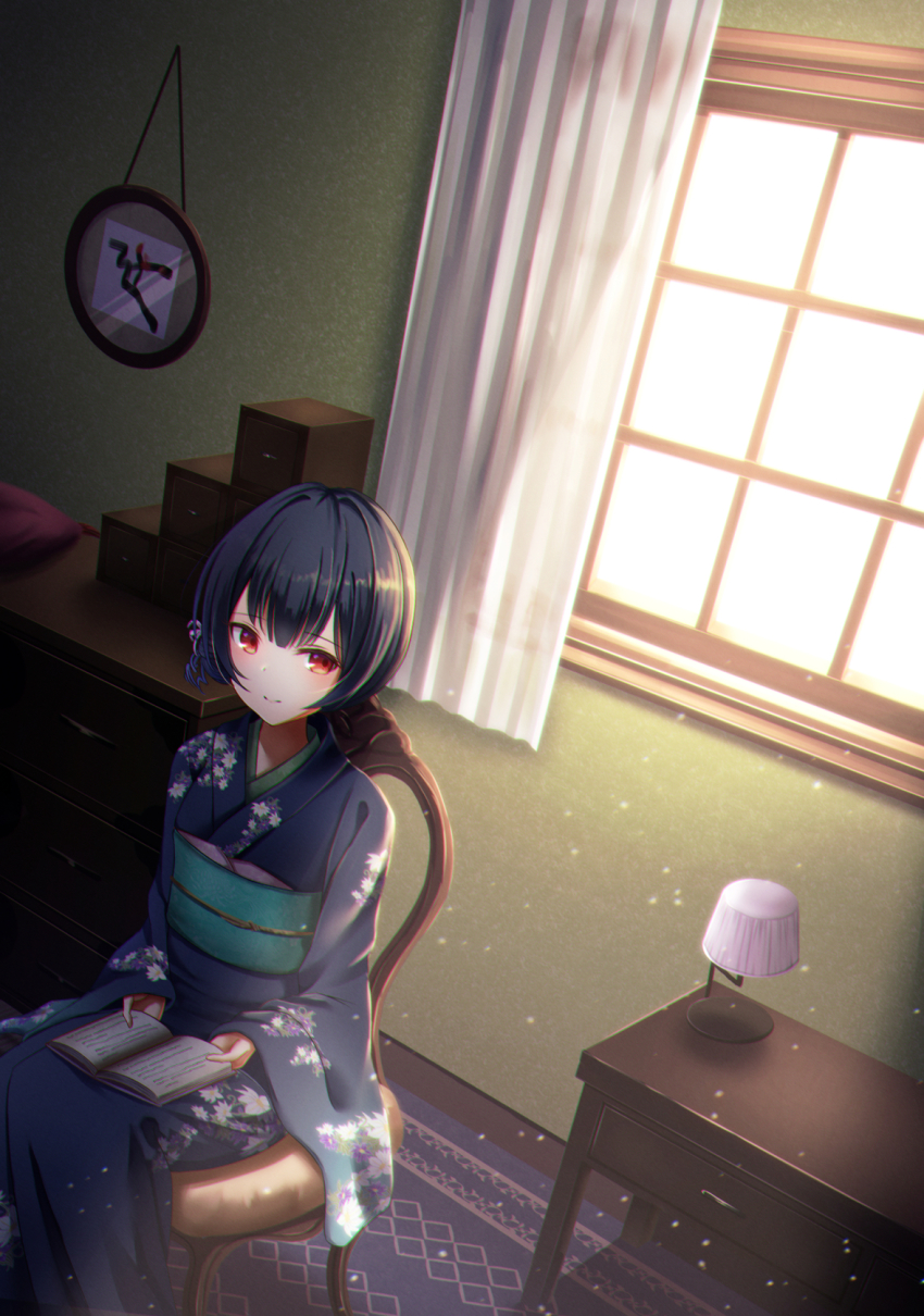 1girl, blue_hair, blue_kimono, book, carpet, chair, closed_mouth, curtains