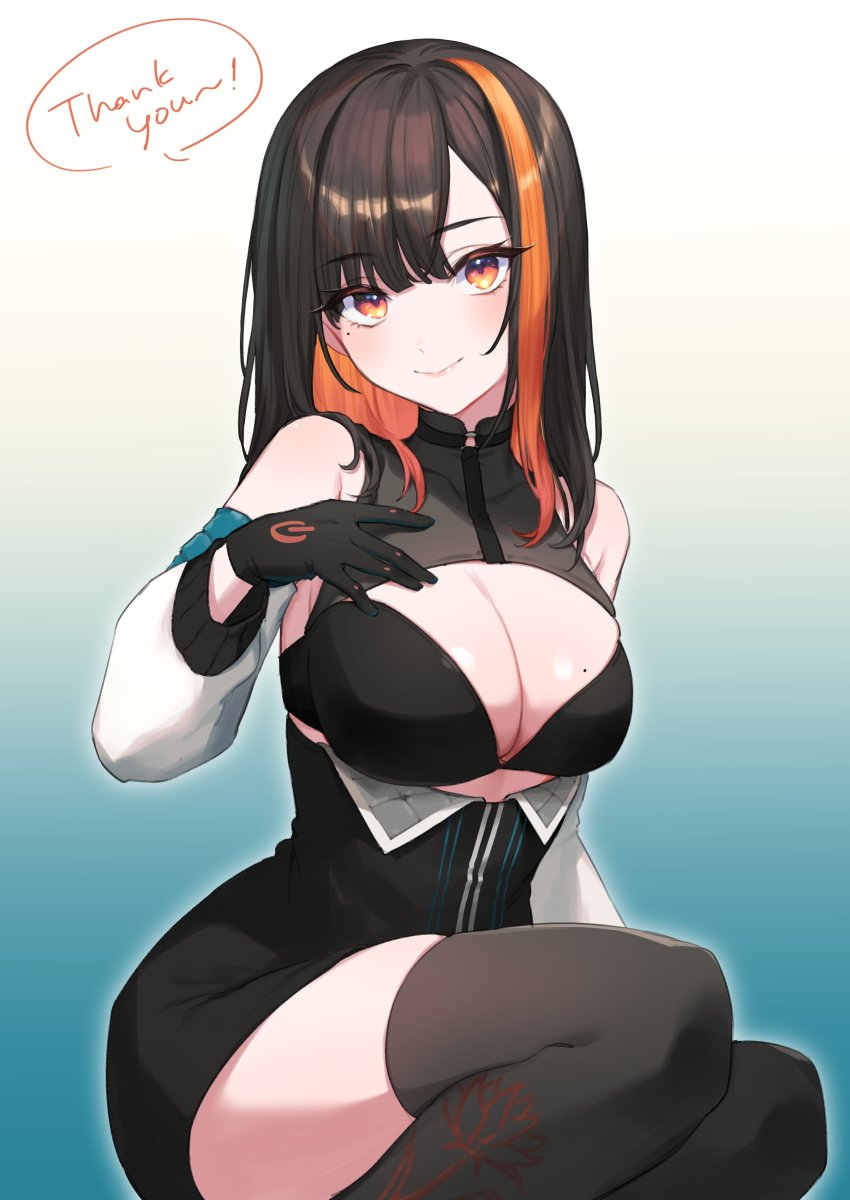 1girl, absurdres, alternate_costume, ashieda_lenri, asymmetrical_bangs, bare_shoulders, black_dress, black_gloves, black_thighhighs, blue_background, blunt_bangs, breasts, brown_hair, choker, cleavage, cleavage_cutout, closed_mouth, clothing_cutout, collarbone, colored_inner_hair, commission, detached_sleeves, dress, english_text, eyelashes, genderswap, genderswap_(mtf), gloves, gradient_background, hand_on_own_chest, hand_up, head_tilt, highres, indie_virtual_youtuber, large_breasts, long_hair, long_sleeves, looking_at_viewer, mole, mole_on_breast, mole_under_eye, multicolored_hair, o-ring, o-ring_choker, orange_eyes, orange_hair, second-party_source, simple_background, sitting, skindentation, smile, solo, speech_bubble, straight_hair, streaked_hair, thank_you, thighhighs, two-tone_hair, usuke_(u_skeeep), virtual_youtuber, white_background, yokozuwari, zettai_ryouiki